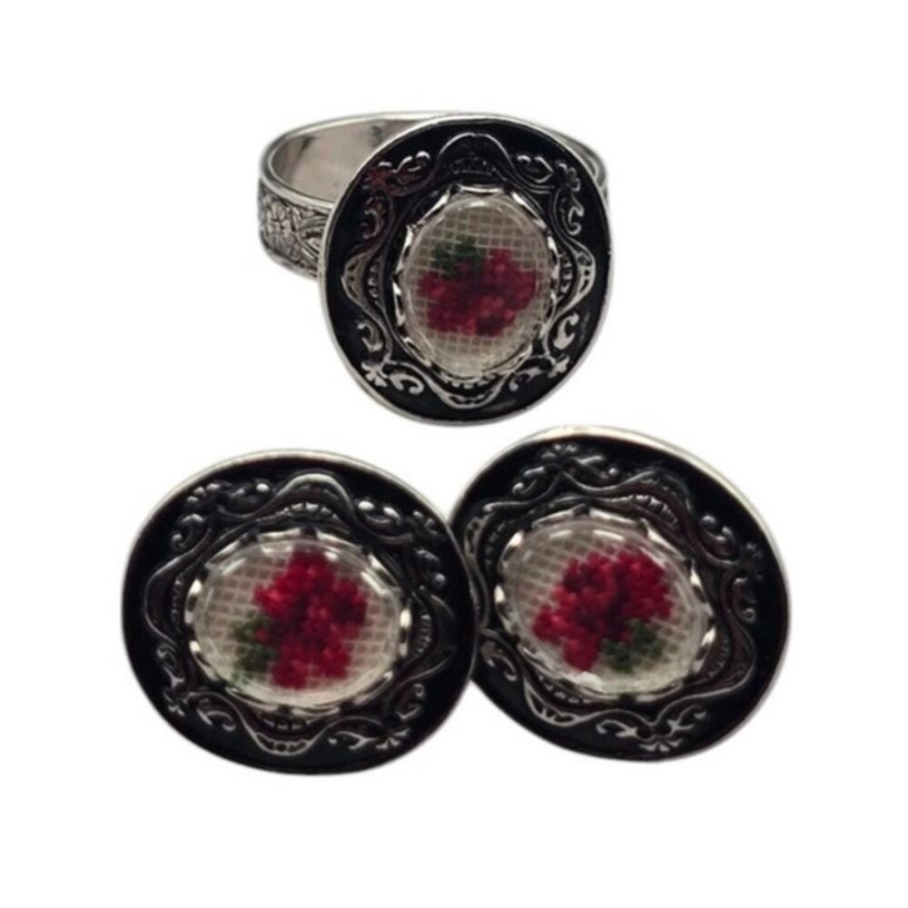 Petit Point Rose Ring and Earring Set Silver Tone - Victorian Revival